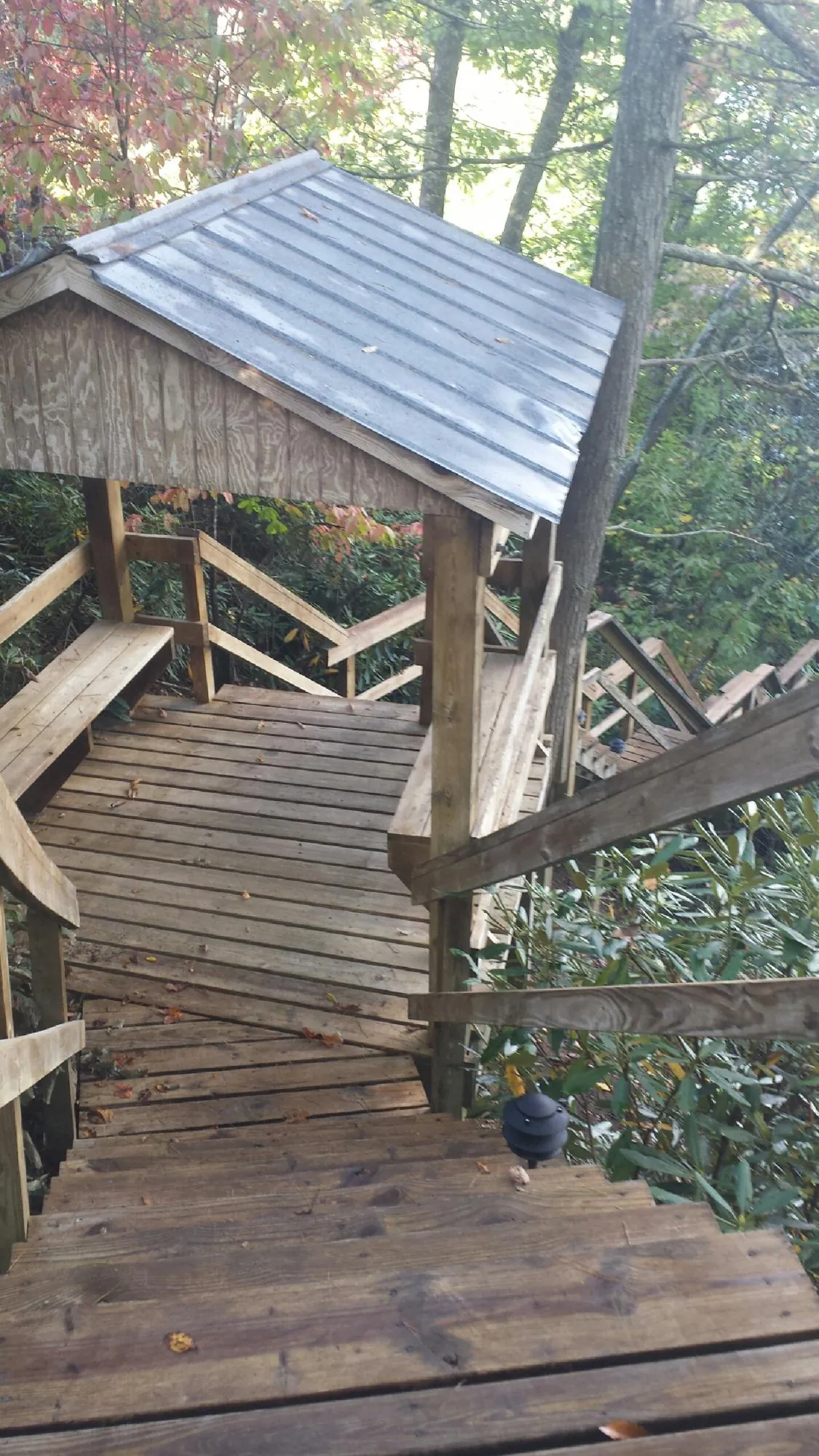 Metal roofed shelter over wooden steps on a wooded walkway — Skylight Repair & Installation work by our crew in Langston